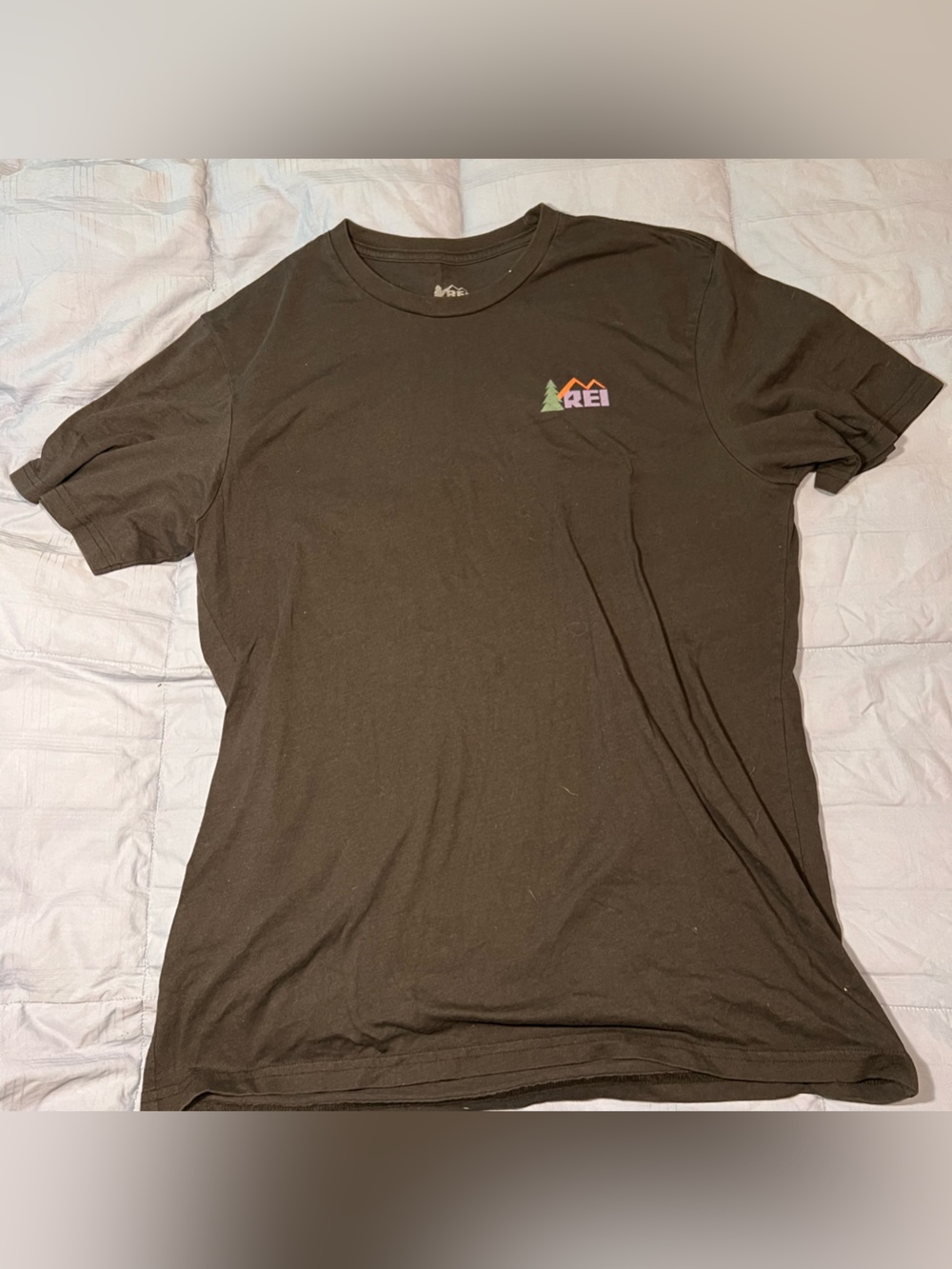 REI Black Short Sleeve Tee with Multicolor Mountain Logo